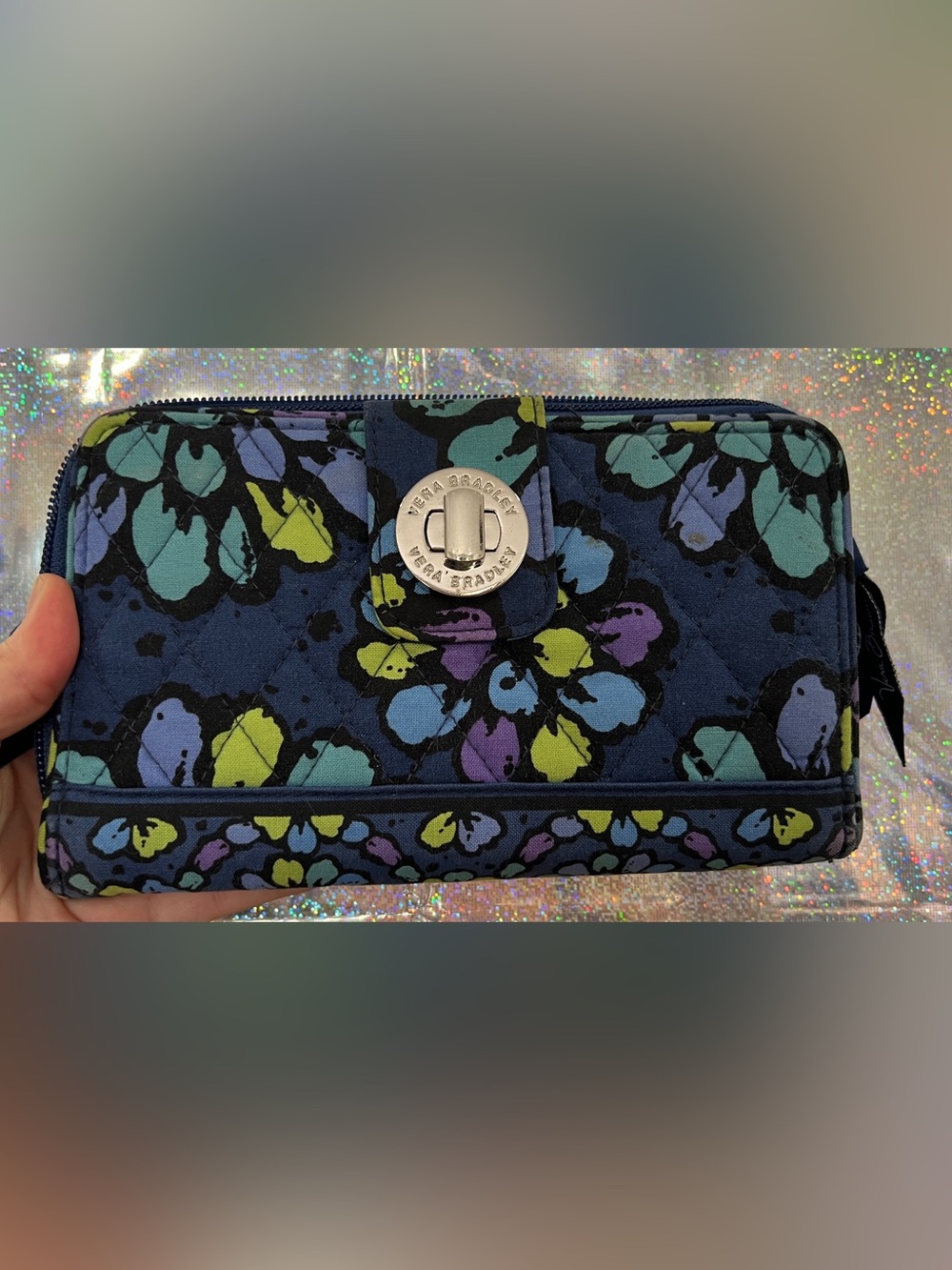 Vera Bradley Blue Butterfly Print Turn Lock Wallet Wristlet Quilted Zip Around